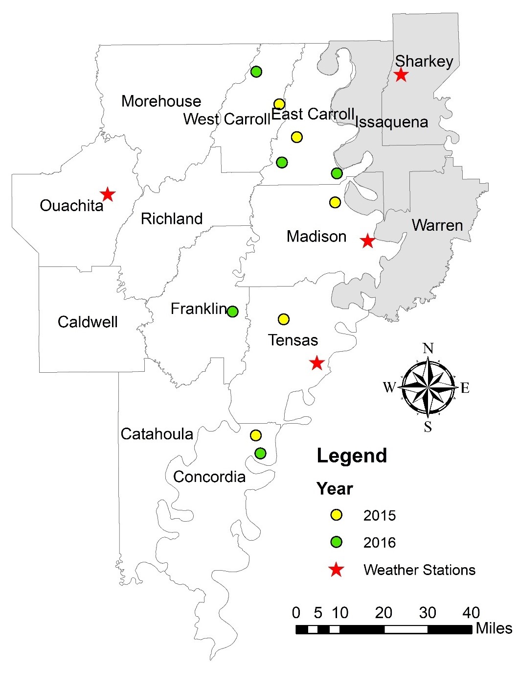 Map of northeast Louisiana with indicators for demonstration locations.