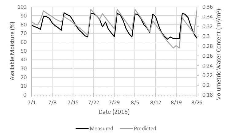 Graph of soil moisture that was both measured and predicted.