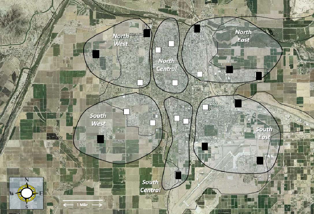 Figure 2: City of Yuma yellow sticky trap layout. Note: The ag/urban interface locations (black squares) relative to traps located in the City of Yuma Locations (white squares).