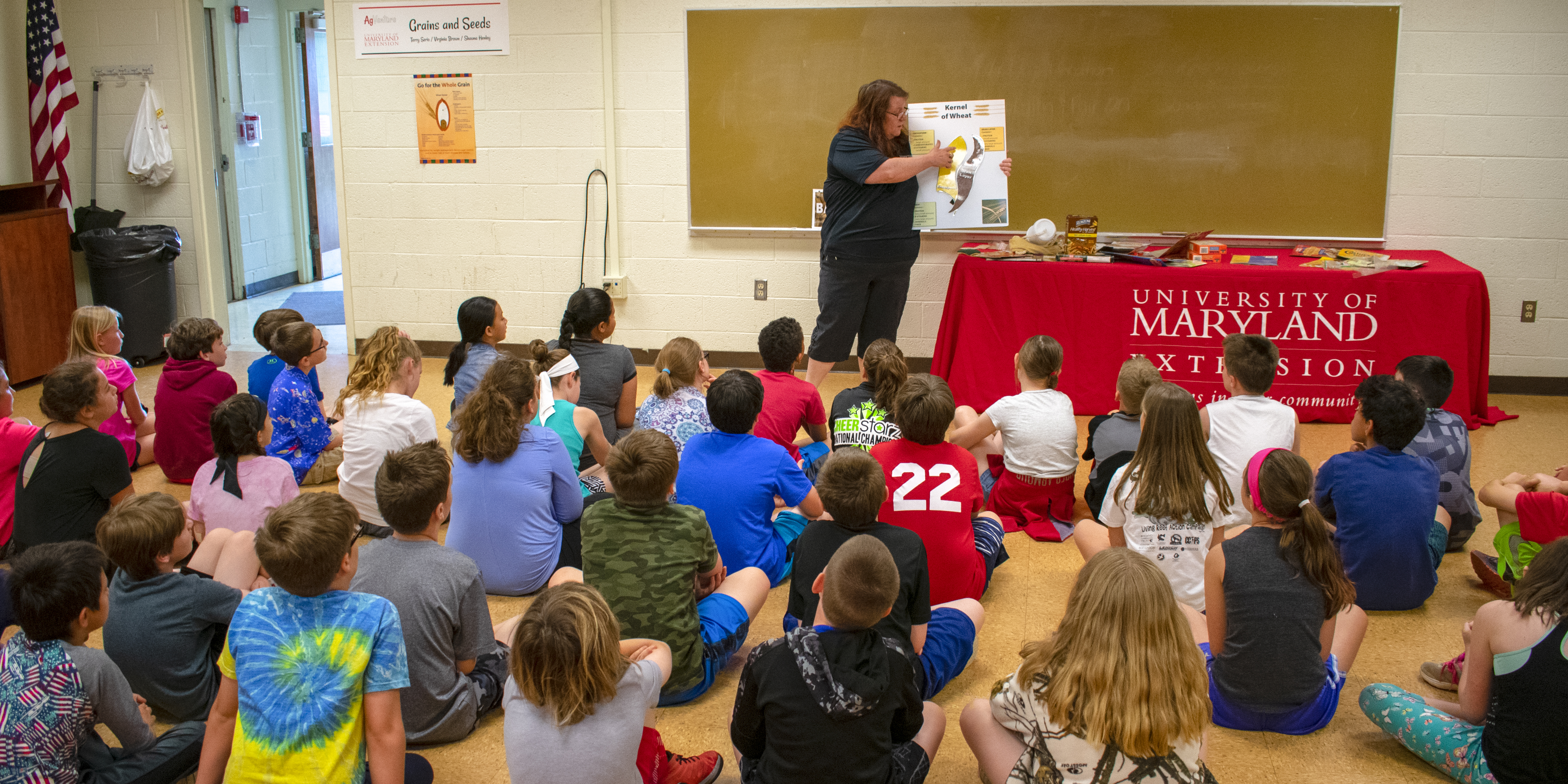 Children watch an educator explaining the human digestive system. 